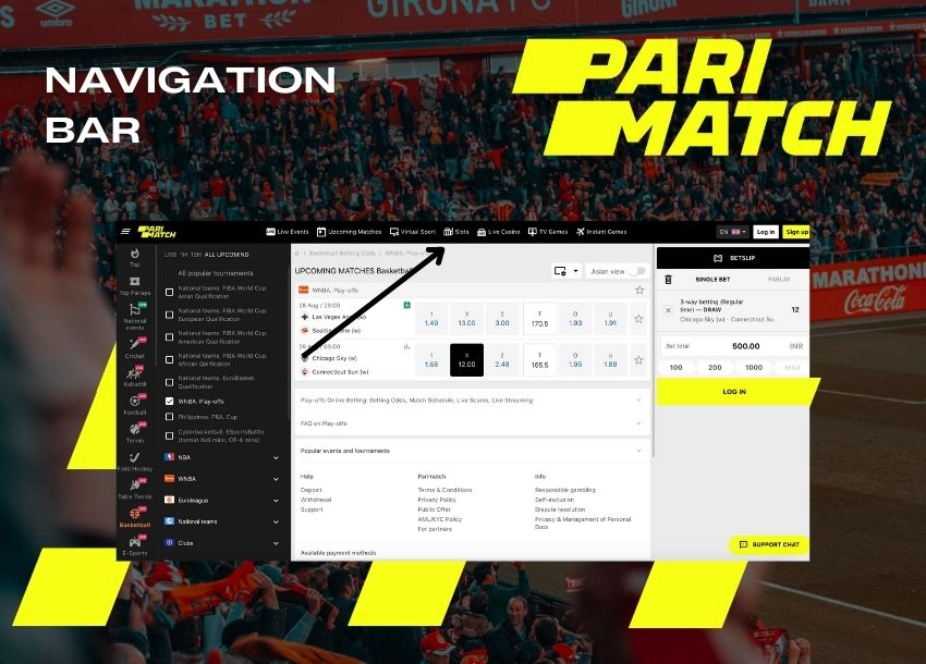 What is the navigation bar on the Parimatch India website?
